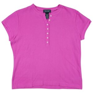 Ralph Lauren Henley Top Women L Bright Pink Thermal Waffle Knit Short Sleeve Tee